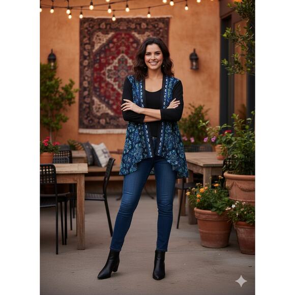 Catherines Womens 0X Artsy Boho Career Eclectic Sheer Paisley Duster Cardigan - Picture 2 of 11